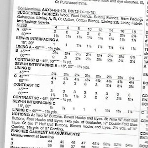 May include: A sewing pattern for a misses' costume with a loose-fitting top, jacket, and skirt. The pattern includes instructions for sizes 4-18 and measurements for bust, hip, and back length. The pattern is for a garment that is loose-fitting through the bust and has gathers at the front and back. The pattern also includes instructions for making a lined jacket and skirt.