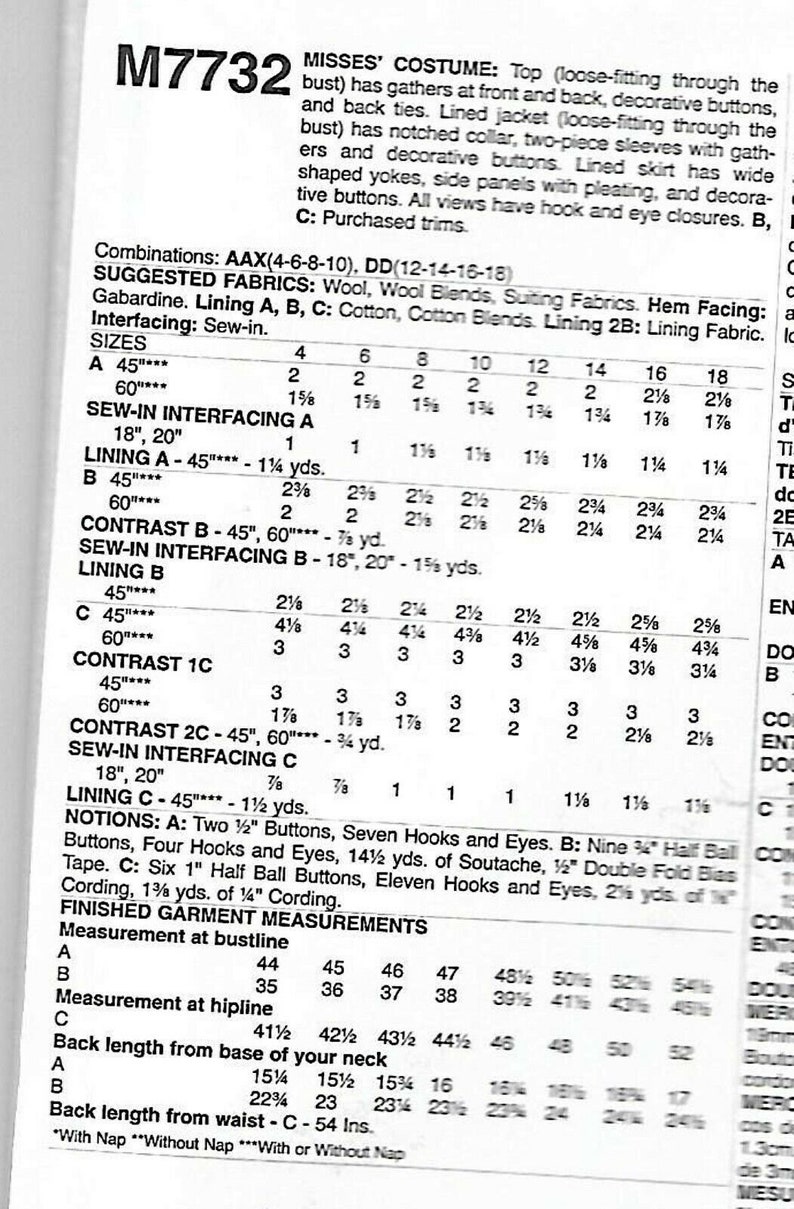 May include: A sewing pattern for a misses' costume with a loose-fitting top, jacket, and skirt. The pattern includes instructions for sizes 4-18 and measurements for bust, hip, and back length. The pattern is for a garment that is loose-fitting through the bust and has gathers at the front and back. The pattern also includes instructions for making a lined jacket and skirt.