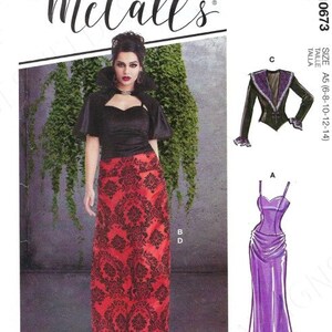 Puede incluir: Patrón de costura McCall's para un disfraz de vampiro. El patrón incluye una falda larga roja con un patrón negro, una blusa negra con escote de corazón, una capa negra y un vestido morado con escote de corazón. El patrón es para las tallas 6-14.