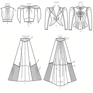 May include: A sewing pattern for a three-piece outfit, including a sleeveless top, a jacket with puffed sleeves, and a long skirt with pleats. The pattern includes front and back views of each piece.