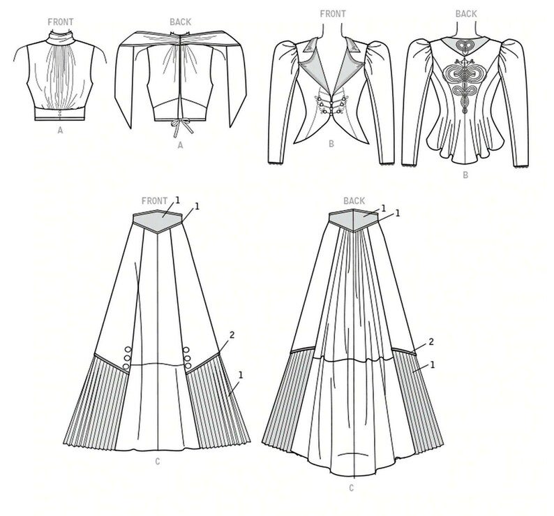 May include: A sewing pattern for a three-piece outfit, including a sleeveless top, a jacket with puffed sleeves, and a long skirt with pleats. The pattern includes front and back views of each piece.