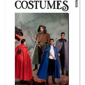 May include: McCall's Costumes pattern M8335 for making four different capes. The pattern includes a red cape with a dragon design, a brown hooded cape, a blue cape, and a gray cape.