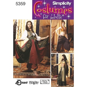May include: Simplicity 5359 sewing pattern for adult costumes. The pattern includes three different costumes: a red and green skirt with a vest, a brown and gold harem pants with a top, and a green and gold skirt with a top and a shawl.