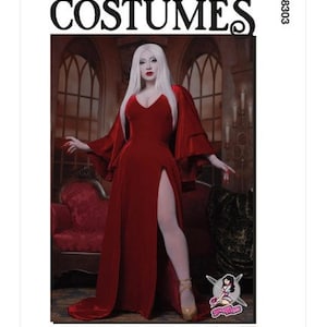 May include: A woman in a red velvet gown with a long, flowing train and a high slit. She has long, white hair and is standing in a gothic setting. The image is from McCall's Costumes and the pattern number is M8303.