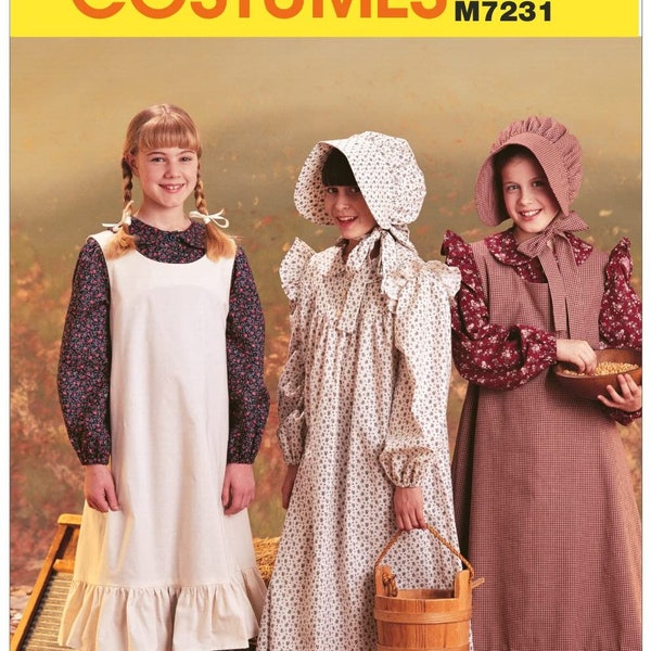 Pilgrim Dress, Colonial Girl Gown, Child Peasant Bonnet, Pioneer Costume, Little House Prairie, Early American, Western Civil War Historical