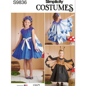 May include: Simplicity Costumes sewing pattern S9836 for children's costumes. The pattern includes instructions for making a butterfly, owl, and peacock costume. The butterfly costume has orange wings, the owl costume has blue and white wings, and the peacock costume has blue and purple wings.