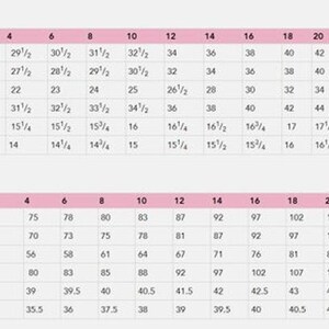 May include: A chart showing measurements in inches and centimeters for sizes 4 to 26. The chart includes measurements for bust, chest, waist, hip, back waist length, and petite back waist length.
