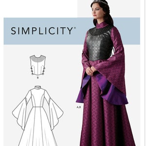 Könnte beinhalten: Simplicity Schnittmuster S9089 für ein Kostüm mit einem langen, fließenden Kleid und einem separaten Oberteil. Das Kleid hat lange Glockenärmel und einen hohen Ausschnitt. Das Oberteil hat einen hohen Ausschnitt und einen Schnürverschluss vorne. Das Schnittmuster enthält Anleitungen für die Größen A und B.