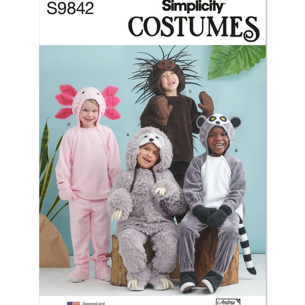 Animal Costumes, Cozy Sloth, Lemur Kid, Porcupine, Axolotl Salamander Clothes, Hood, Simplicity Sewing Pattern, Boy Children, Girl Halloween