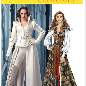 May include: McCall's Costumes pattern featuring two costume designs. One is a white, military-style outfit with a long coat and high boots. The other is a floral patterned coat over a brown outfit with a belt and boots.