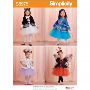 May include: Simplicity pattern S8978 featuring four children's costume designs. Costumes include a cat, princess, unicorn, and butterfly. Each costume has a tutu skirt and coordinating accessories. The pattern is marked "Since 1927."