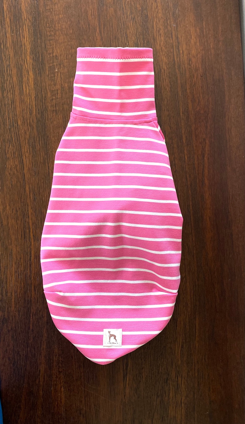 May include: Pink and white striped dog sweater with a small white tag that says "IG Blue".