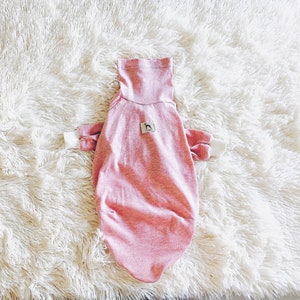 May include: A pink turtleneck sweater for a small dog. The sweater has a white trim around the neck and sleeves. The sweater has a small logo on the front.