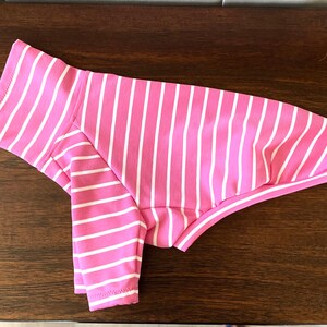 May include: Pink and white striped dog shirt. The shirt has a turtleneck collar and is made of a soft, stretchy fabric.
