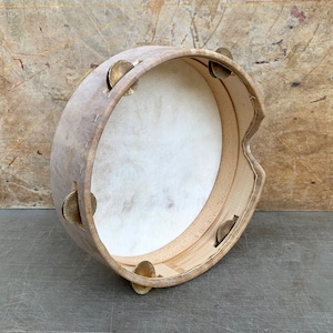 Handmade 14in KleoDrums Tambourine: Vintage Style Goat Skin Timbrel