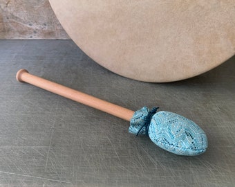 Blue Shamanic Drum Mallet: Beechwood Beater with Padded End