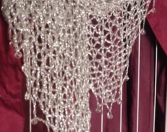 Hand Crocheted Silver Lurex Shawl, Beaded Wedding Wrap, Evening Stole