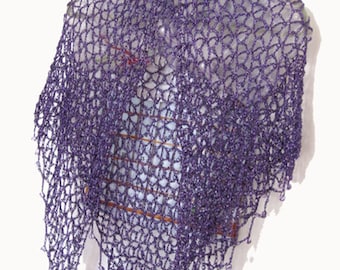 Hand Crocheted Eggplant Purple Lurex Shawl, Elegant Evening Wrap
