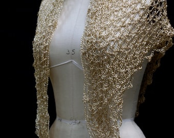 Gold Crochet Shawl, Elegant Evening Wedding Wrap, Handmade Shiny Beaded Stole, Bridal Shower Gift for Women
