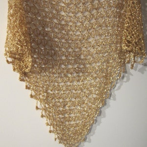 Champagne shawl hanging flat, full triangular view of the even openwork crochet.