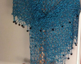 Hand Crocheted Turquoise Lurex Shawl, Beaded Evening Wrap, Mother of the Bride Gift