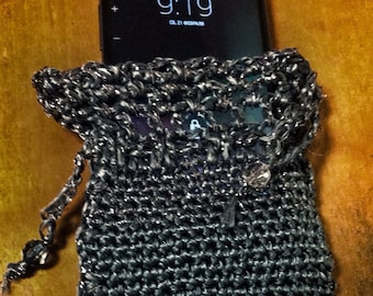 Grey Crochet Clutch Bag, Beaded Evening Handbag, Shiny Thread Detail