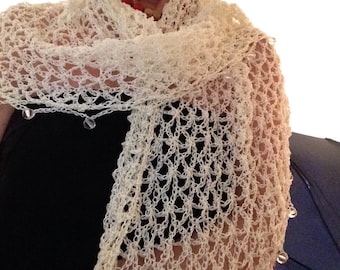 Hand Crocheted White Lurex Shawl, Beaded Wedding Wrap, Elegant Evening Stole