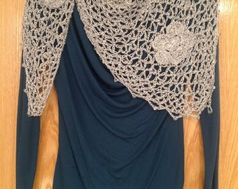 Hand Crocheted Silver Floral Shawl, Lurex Evening Wrap, Bridal Stole