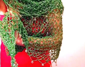 Hand Crocheted Green Lurex Shawl, Elegant Evening Wrap, Bridal Stole