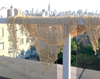 Hand Crocheted Gold Lurex Shawl, Elegant Evening Wrap, Bridal Stole
