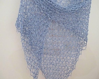 Hand Crocheted Sky Blue Lurex Shawl, Lightweight Evening Wrap, Beach Wedding Gift