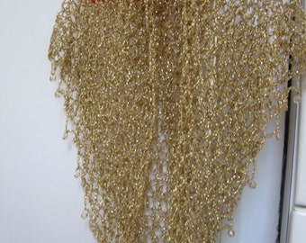 Hand Crocheted Champagne Gold Beaded Shawl, Lurex Evening Wrap