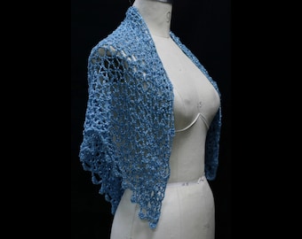 Handmade Light Blue Crochet Shawl, Lurex Evening Wrap, Beach Wedding Gift
