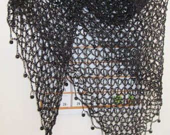 Hand Crocheted Black Beaded Shawl, Lurex Evening Wrap, Formal Stole