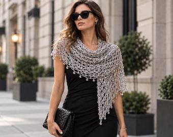 Handmade Silver Beaded Evening Shawl, Elegant Bridal Wrap, Lurex Sparkle