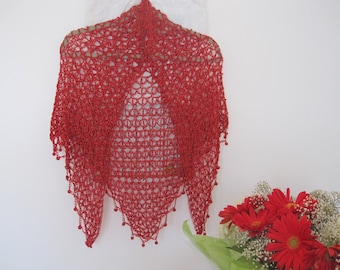 Hand Crocheted Red Rose Shawl, Lurex Evening Wrap, Bridesmaid Gift