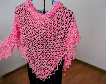 Hand Crocheted Pink Lurex Shawl, Beaded Wedding Wrap, Bridal Stole