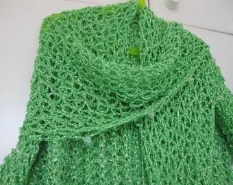 Green Lurex Crochet Shawl, Bohemian Evening Wrap