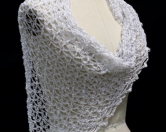 Hand Crocheted White Wedding Shawl, Elegant Bridal Evening Wrap, Lightweight Stole