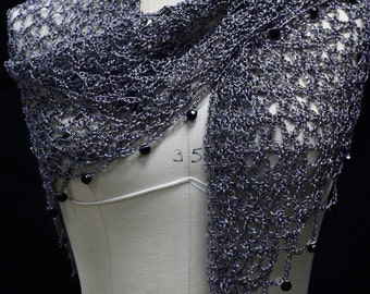 Hand Crocheted Grey Beaded Shawl, Wedding Evening Wrap, Mother of the Bride Gift