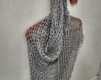 Hand Crocheted Silver Beaded Lurex Shawl, Elegant Evening Wrap, Bridal Gift