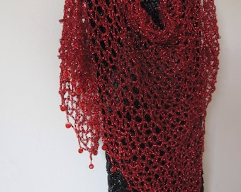 Hand Crocheted Red Lurex Shawl, Beaded Evening Wrap, Elegant Stole