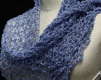 Hand Crocheted Blue Lurex Shawl, Vintage Evening Wrap, Gala Gift
