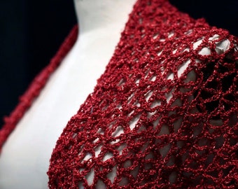 Red Crochet Lurex Shawl, Elegant Evening Wrap, Bridal Stole (Handmade)