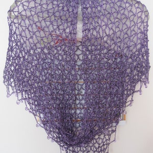 Eggplant purple shawl hanging straight, full front view of the shimmering wrap.