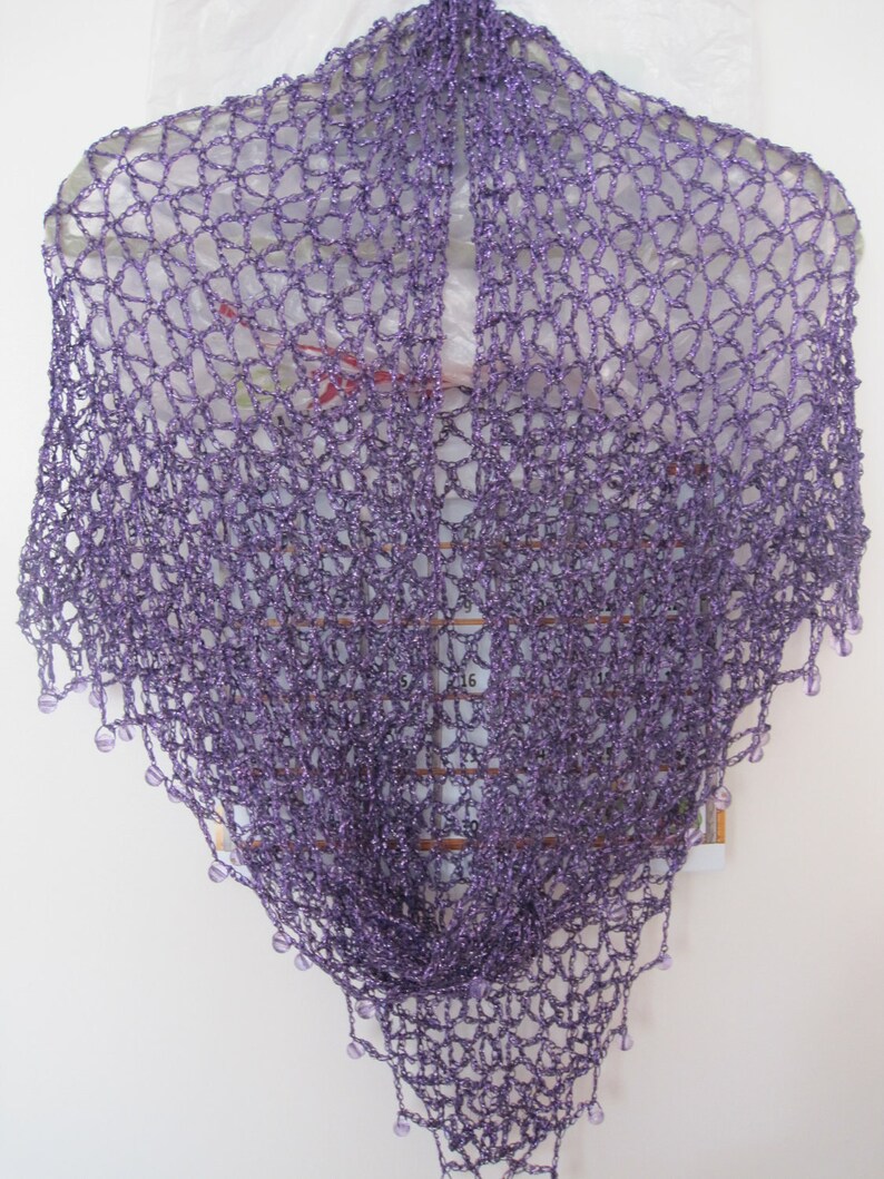 Eggplant purple shawl hanging straight, full front view of the shimmering wrap.
