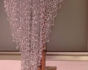 Handmade Silver Beaded Lurex Crochet Shawl, Elegant Evening Wrap, Bridal Stole