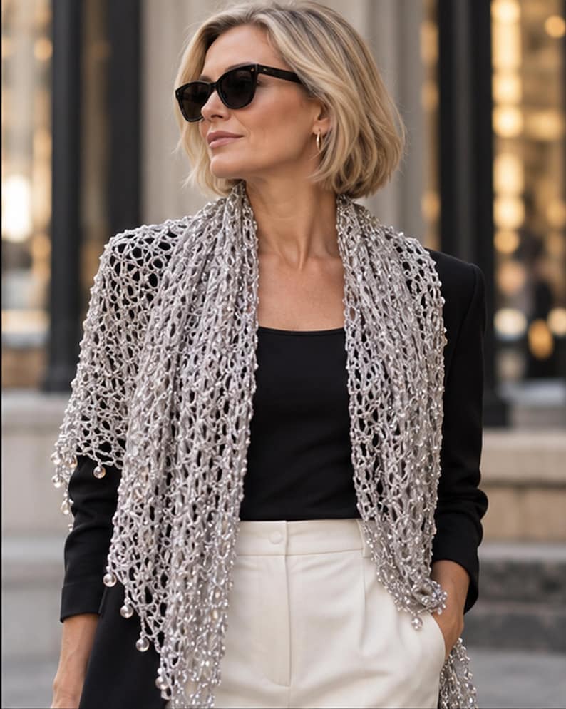 Blonde woman in a black top and white pants wearing the silver lurex shawl as a shoulder wrap, street setting.