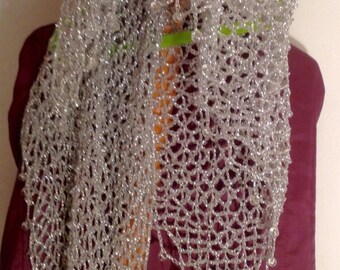 Handmade Silver Lurex Crochet Shawl, Beaded Evening Wrap, Bridal Stole