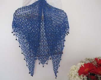 Hand Crocheted Sapphire Blue Lurex Shawl, Evening Wedding Wrap, Elegant Formal Gift
